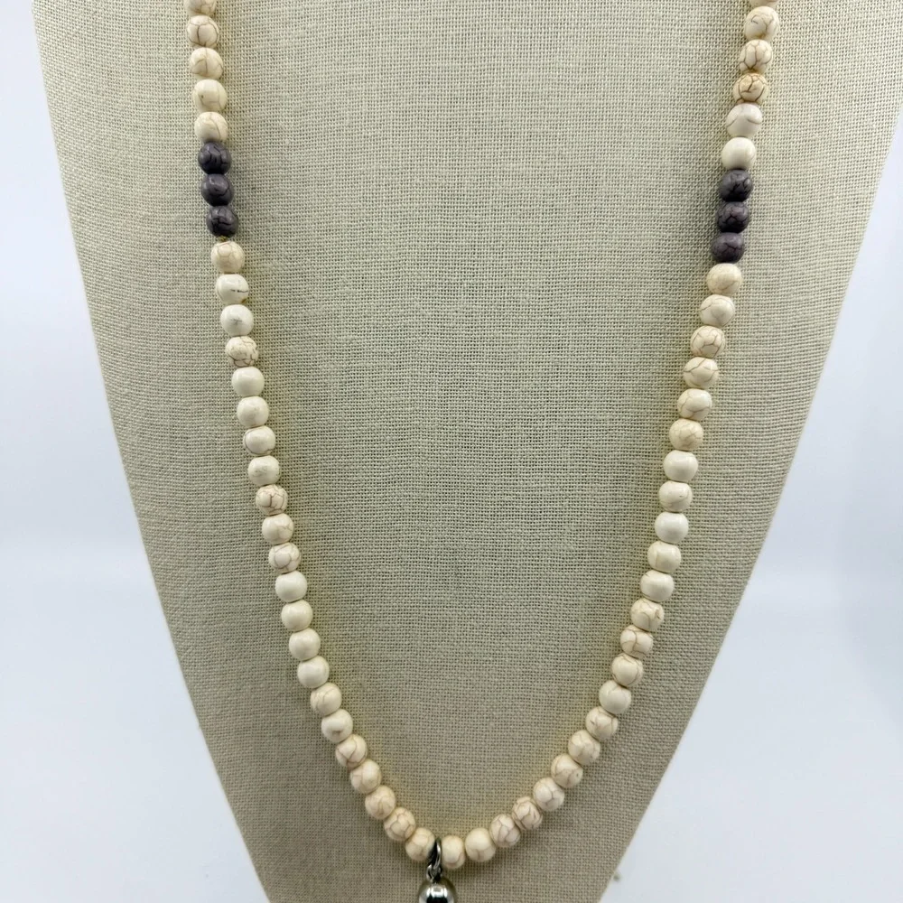 Boho White Howlite Bead Long Necklace Pink Faux Leather Tassel Statement